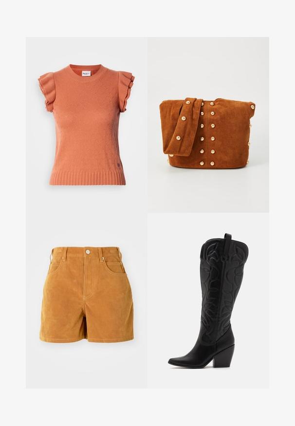 Pull en maille orange à manches courtes avec manches à volants, présentant un motif texturé et un ourlet côtelé. Étiquette de la marque visible à l'avant.; Shorts taille haute en daim marron avec bouton à l'avant, passants de ceinture et style à cinq poches sur fond blanc uni.; Bottes hautes en cuir noir jusqu'aux genoux avec bout pointu et talon empilé. Caractéristiques de coutures décoratives et éléments de design courbés.; Sac à épaule en daim marron avec une large sangle, présentant des clous en métal doré disposés en motif vertical sur le devant et les côtés.