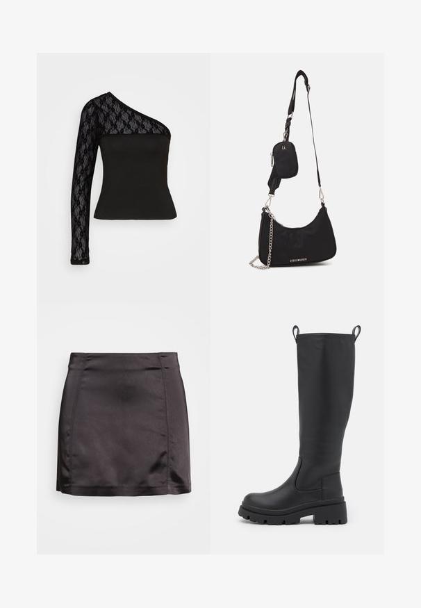 Pieces PCSILONE ONE SHOULDER - Longsleeve - black; Gina Tricot RIO SKIRT - Minirok - black; Zwarte kniehoge laars van soepel leer met een chunky zool en een lichte hak. Voorzien van trekbanden en elastische zijpanelen voor gemakkelijk aan- en uittrekken.; Zwarte nylon schoudertas met een gebogen vorm, zilveren kettingaccent, afneembaar mini-zakje en verstelbare schouderband; voorzien van het "Steve Madden" logo.