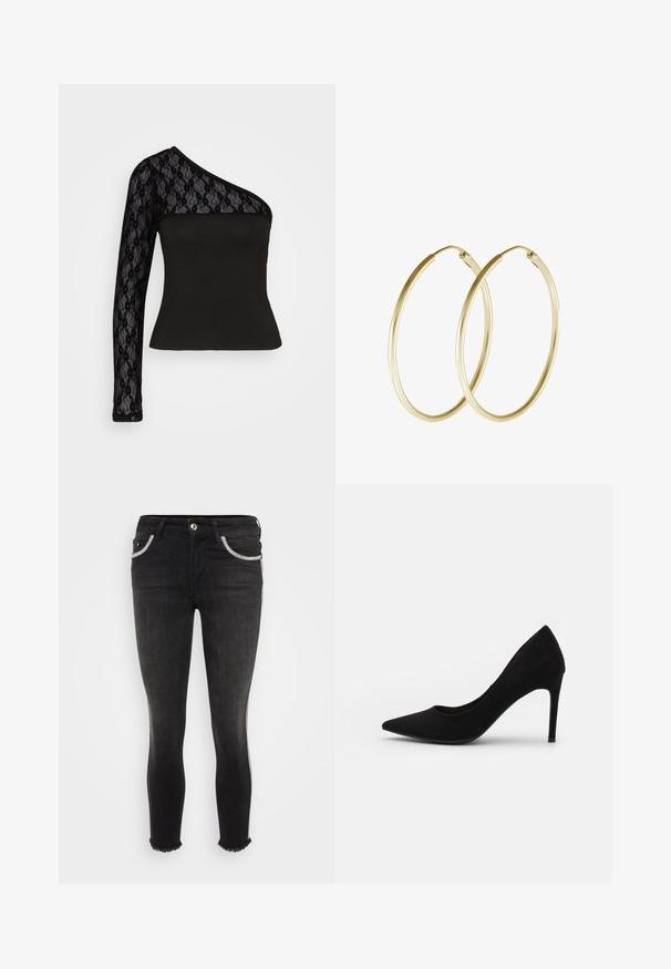 Pieces PCSILONE ONE SHOULDER - Top s dlhým rukávom - black; ONLY ONLBLUSH DECO - Džínsy skinny fit - washed black; Čierne semišové lodičky na vysokom opätku s špičatou špičkou, hladkou textúrou a štíhlym stiletto opätkom. Klasický dizajn s elegantným siluetou.; Zlaté kruhové náušnice s hladkým, zaobleným dizajnom a lesklým povrchom. Ľahká konštrukcia s bezpečným zapínaním.