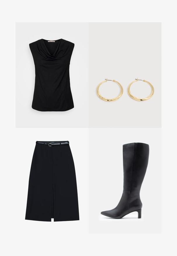 Anna Field Débardeur - black; Jupe noire à mi-cuisse avec une fente frontale, fabriquée en tissu lisse. Comprend une fine ceinture noire avec une boucle en argent et des passants.; Bottes noires en cuir, arrivant jusqu'aux genoux, avec des bouts pointus, présentant un design épuré et un petit talon carré. Texture lisse avec des accents minimalistes.; Paire de boucles d’oreilles créoles en or poli avec des tiges fines et des fermoirs à charnière, présentées sur un fond gris clair uni.