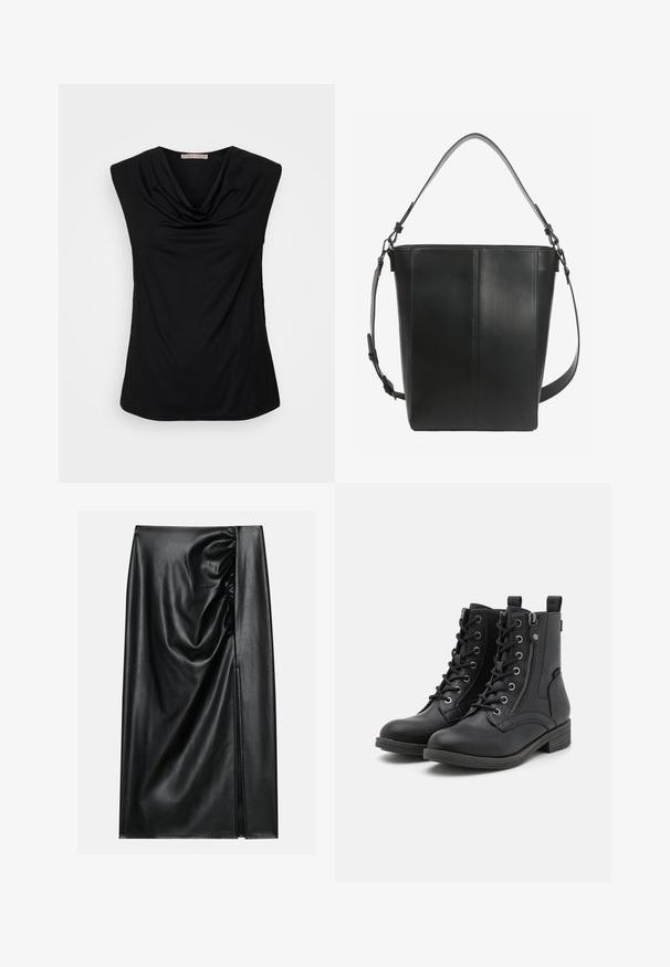Anna Field by Zalando Débardeur - black; Jupe en cuir noir avec une texture lisse, présentant une section froncée sur un côté et une fente sur le côté pour un détail supplémentaire.; Bottes noires à la cheville en matériau semblable au cuir, avec des lacets, une fermeture éclair sur le côté et des détails texturés sur l'empeigne et la semelle. Talon bas.; Sac seau en cuir noir avec deux bretelles réglables et des détails de couture minimalistes sur un fond uni.