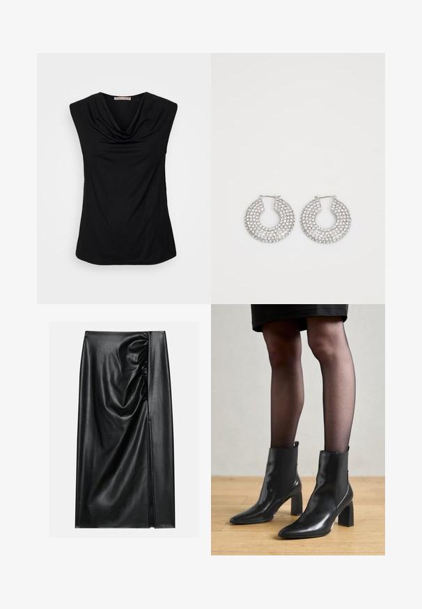 Anna Field by Zalando Top - black; Schwarzer Lederrock mit glatter Textur, der auf einer Seite einen gerafften Abschnitt und einen seitlichen Schlitz für zusätzlichen Detailreichtum aufweist.; Schwarze Leder-Ankle-Boots mit spitzer Zehenform, klobigem quadratischem Absatz und schlankem Design. Verfügt über elastische seitliche Einsätze für leichtes An- und Ausziehen.; Silberne Creolen, verziert mit mehreren klaren Kristallverzierungselementen, mit einer strukturierten Oberfläche und einem offenen, kreisförmigen Design.