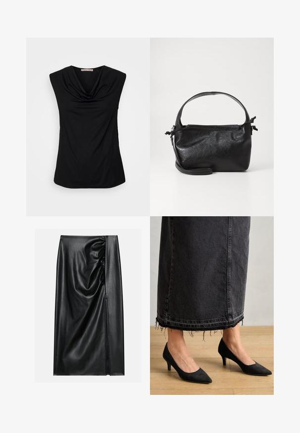 Anna Field by Zalando Top - black; Sort læderskirt med en glat overflade, der har en indsamlet sektion på den ene side og en skråning på siden for ekstra detaljer.; Sorte ruskindpumps med spids tå og en 3 tommer hæl, parret med en lang, mørk denimskørt med frynset kant.; Sort læderhåndtaske med et struktureret design, rund tophåndtag og aftagelig skulderrem. Den har en glat tekstur og en subtil glans.