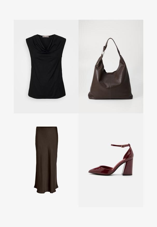 Anna Field Top - black; VILA VIELLETTE HW MIDI SKIRT - NOOS - Maxirock - coffee bean; Burgunderrote Lackleder-Pumps mit Absatz, spitz zulaufender Zehenpartie, Knöchelriemen und blockartigem Absatz. Glatte Textur und elegantes Design.; Zign LEATHER - Shopping Bag - chocolate brown
