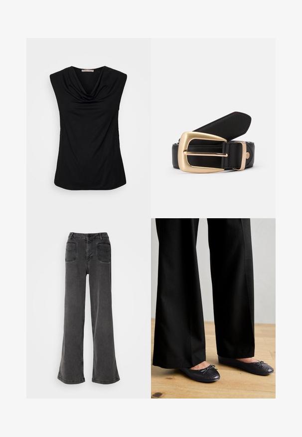 Anna Field Top - black; Høj talje, brede ben sorte jeans lavet af denim, med knaplukning, bæltestropper og to baglommer med syninger.; Sort bukser med bredde ben og en struktureret overflade, parret med flade sko med en sløjfe og et subtilt krokodillepræget design i sort.; Sort læderbælte med en gylden rektangulær spænde. Bæltet har en glat overflade og en subtil syning langs kanterne.