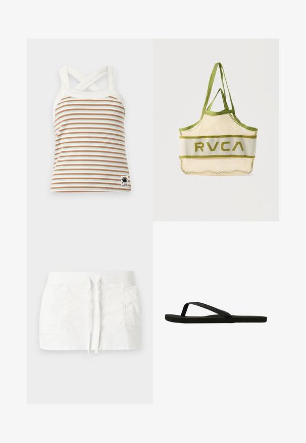 Ærmeløs ribstrikket tanktop med hvide og brune vandrette striber, krydsede hvide skulderstropper og et lille sort sol-logo patch.; Hvid kort nederdel med ribbet elastik i taljen, snøre foran og to sidelommer.; Sort flip-flop med en struktureret rem og flad sål. Remmen har en subtil glans. Enkel design, letvægts og fleksibel form.; Beige net-taske med olivengrøn kant og håndtag, der har "RVCA" logo på midterpanelet mod en ensfarvet baggrund.