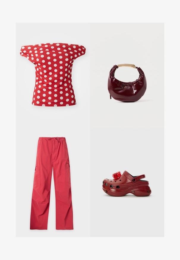 Rød kortærmet top med off-the-shoulder design, der har hvide prikkede mønstre. Fremstillet af glat stof med en tætsiddende facon.; Røde løstsiddende cargobukser med snøre i taljen og sidelommer, vist på en hvid baggrund.; Rød plastikklip med ventilationshuller, hævet hæl og en blomsterdekoration ovenpå. Har en bagrem og teksturerede sider.; Bordeaux farvet faux læder handbag med en afrundet form, samling detaljer og et guldtonet metalhåndtag. Glat tekstur og blank finish.