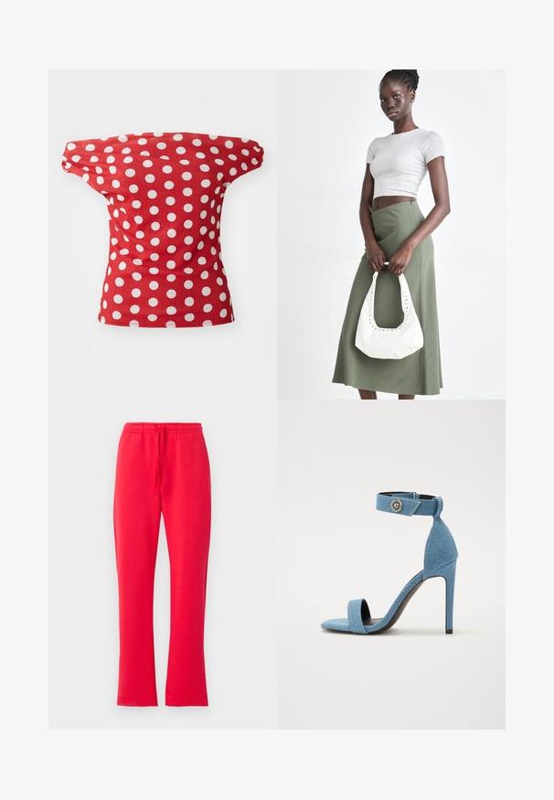 Haut rouge à manches courtes avec un design décolleté, orné de pois blancs. Fabriqué dans un tissu lisse avec une coupe ajustée.; Pantalons de survêtement en mélange de coton rouge avec un design évasé, dotés d'une taille élastique et d'un cordon de serrage ajustable. Texture lisse sur toute la surface.; Sandale à talon haut en denim bleu avec une bande de cheville et une fermeture à bouton. Caractéristiques d'un bout carré et d'une semelle noire pour le contraste.; Top court rayé gris et jupe taille haute verte olive. Le mannequin tient un sac à bandoulière blanc avec des découpes. Design simple, silhouette ajustée.