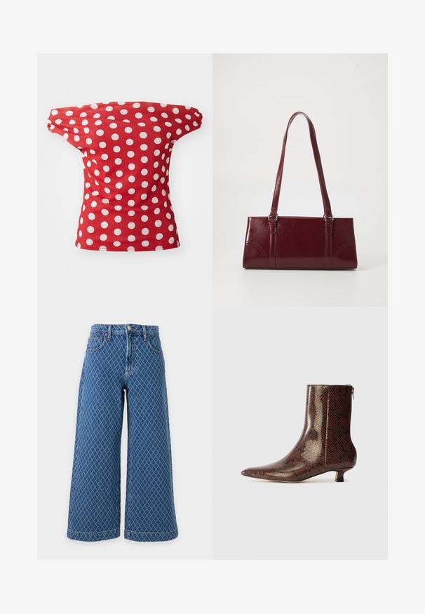 Rød kortærmet top med off-the-shoulder design, der har hvide prikkede mønstre. Fremstillet af glat stof med en tætsiddende facon.; Blå denimjeans med brede ben og høj talje samt hvidt krydset diamantmønster, vist fladt på en lys, ensfarvet baggrund.; Brun, slangemønstret ankelstøvle med spids tå, lav kitten hæl og lynlås bagpå, lavet af blankt syntetisk materiale.; Bordeaux håndtaske lavet af glansfuldt materiale, rektangulær form, med to skulderremme og subtile buede detaljer på forsiden.