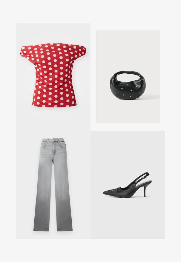 Blusa roja de manga corta con un diseño de hombros al descubierto, con lunares blancos. Fabricada en una tela suave con un corte ajustado.; Jeans grises con un efecto ombré descolorido, diseño de cintura alta, estilo clásico de cinco bolsillos y piernas rectas y anchas hechas de tela de mezclilla.; Sandal de tacón stiletto negro de cuero con punta afilada, correa lateral con hebilla, tachuelas a lo largo del borde y cordones decorativos en la parte delantera.; Bolso de mano de cuero negro con forma redondeada, decorado con detalles de tachuelas plateadas y un asa corta. Textura lisa y cierre con cremallera.
