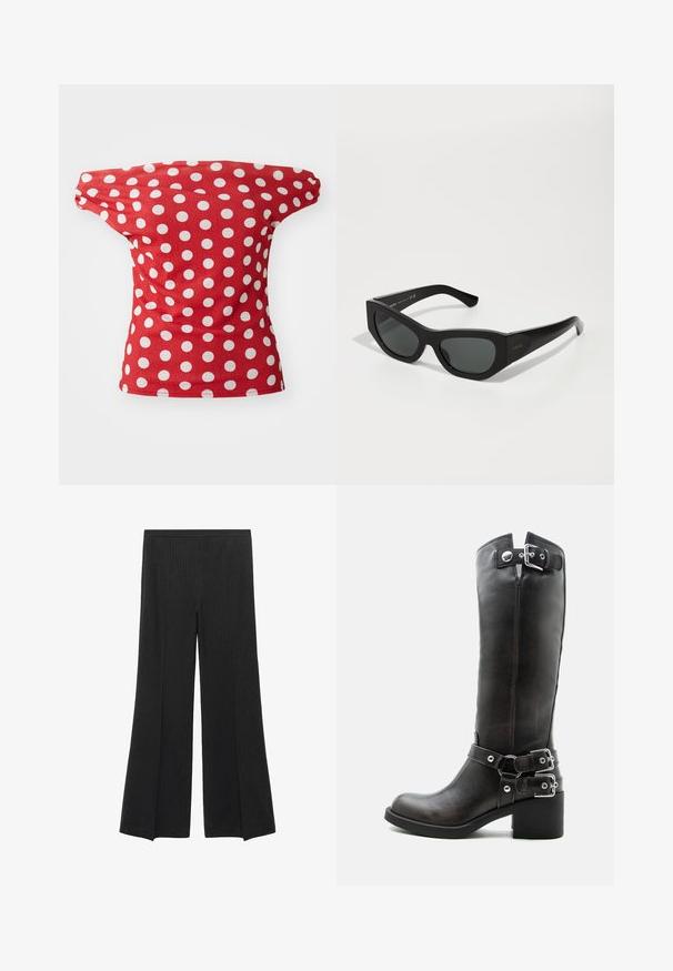 Haut rouge à manches courtes avec un design décolleté, orné de pois blancs. Fabriqué dans un tissu lisse avec une coupe ajustée.; Pantalons larges noirs avec des fines rayures verticales et une taille élastique, présentés à plat sur un fond blanc.; Botte haute en cuir noir avec talon épais et trois boucles argentées réglables sur la tige et la cheville.; Lunettes de soleil rectangulaires noires avec une finition mate, des lentilles teintées foncées et un design de monture angulaire. Présente un discret logo doré sur la branche.