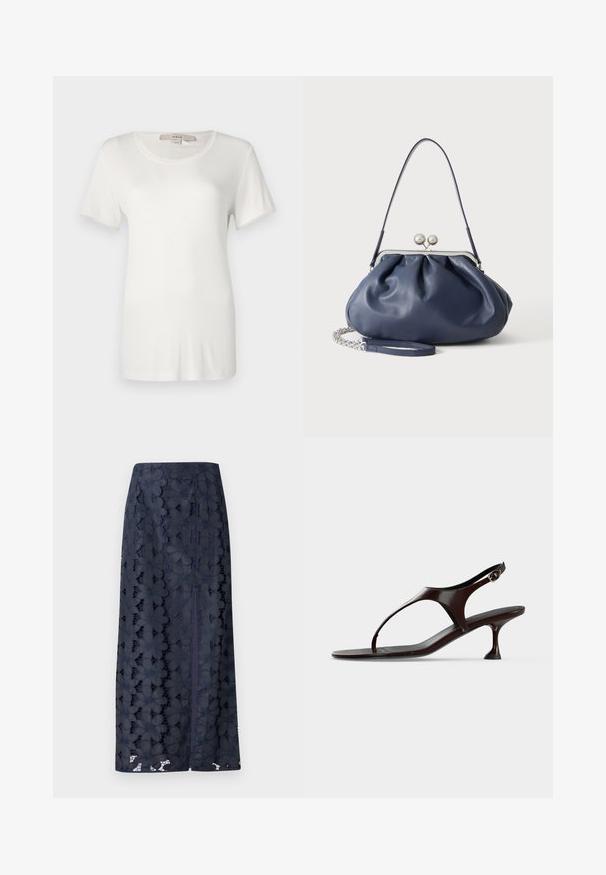 T-shirt blanc à manches courtes en coton doux et extensible. Dispose d'un col rond et d'une texture lisse et unie sans motifs visibles.; Jupe en dentelle bleu marine avec des motifs floraux, une coupe droite et une fente sur le côté pour faciliter les mouvements. Texture douce et détails complexes.; Sandale slingback en cuir verni marron foncé avec petit talon et bride entre les orteils sur fond blanc.; Sac à main en cuir bleu marine doux avec fermeture à boucle argentée, une seule bandoulière, et une chaîne de poignet amovible sur fond blanc.