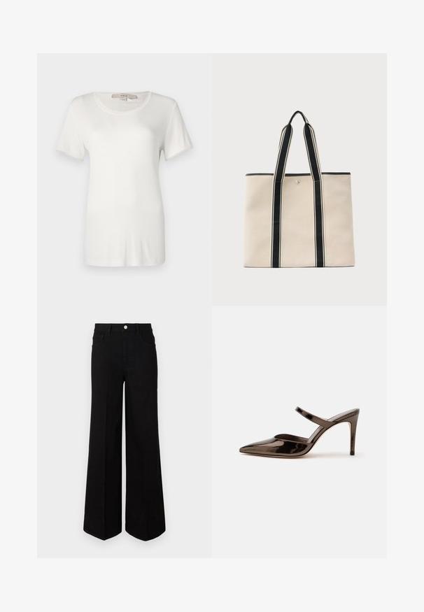 T-shirt blanc à manches courtes en coton doux et extensible. Dispose d'un col rond et d'une texture lisse et unie sans motifs visibles.; Jean large noir fabriqué dans un tissu robuste, avec une taille haute, des poches avant et une fermeture à bouton à l'avant. Ourlet plat en bas.; Mule à talon haut marron foncé brillant à bout pointu avec une fine bride sur le coup de pied sur fond blanc uni.; Sac fourre-tout en toile beige avec des rayures verticales noires et des poignées, fermé par un bouton central.