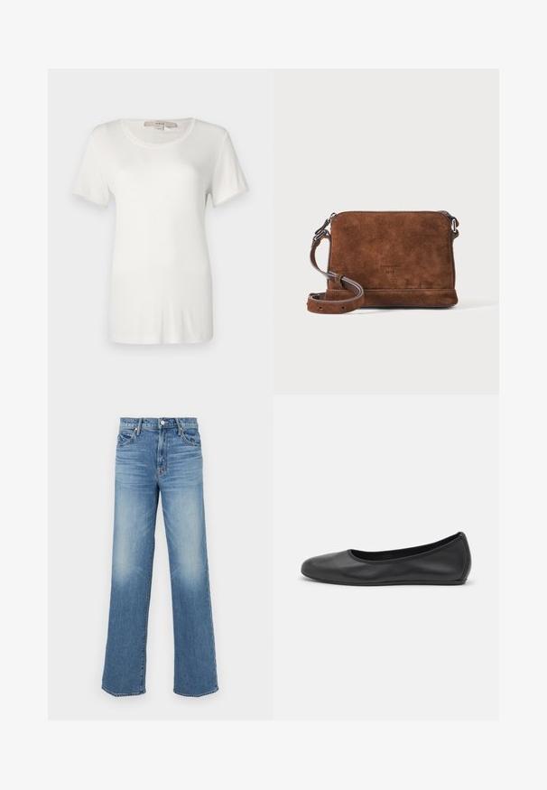 T-shirt blanc à manches courtes en coton doux et extensible. Dispose d'un col rond et d'une texture lisse et unie sans motifs visibles.; Mother MID RISE TUNNEL VISION SNEAK SUPERIOR - Jean boyfriend - blue denim; Ballerines en cuir noir avec un bout rond, texture lisse, détails de couture minimalistes et design de semelle flexible.; Sac bandoulière en daim marron avec sangle réglable et ferrures argentées, forme rectangulaire sur fond uni clair.
