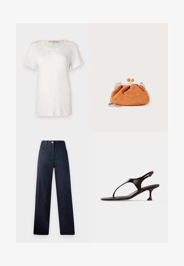 T-shirt blanc à manches courtes en coton doux et extensible. Dispose d'un col rond et d'une texture lisse et unie sans motifs visibles.; Pantalon bleu marine foncé avec une coupe droite, fabriqué en tissu lisse. Comprend des poches avant, une fermeture à bouton et des détails de couture subtils.; Sandale slingback en cuir verni marron foncé avec petit talon et bride entre les orteils sur fond blanc.; Petit sac pochette tissé orange avec cadre en métal argenté, fermoir rond et bandoulière chaîne argentée sur fond blanc.