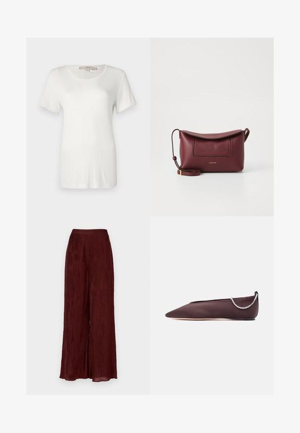 Camiseta blanca de manga corta hecha de algodón suave y elástico. Presenta un escote redondo y una textura lisa y uniforme sin patrones visibles.; Pantalones de pierna ancha en burdeos, fabricados en un tejido texturizado con plisados verticales. Presentan una cintura alta y un dobladillo que llega hasta el tobillo.; Zapato plano de punta fina de color marrón oscuro con un tacón bajo y un detalle de cadena de pedrería plateada en la parte trasera.; Bolso cruzado de cuero burdeos con cierre de solapa, superficie texturizada, bolsillo frontal y correa detachable. Logo grabado en el frontal.