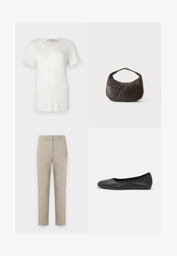 Hvid kortærmet t-shirt lavet af blød, strækbar bomuld. Har en rund halsudskæring og en glat, ensartet tekstur uden synlige mønstre.; MM by MaxMara EFFETTO - Bukser - sand; Sort læderballetsko med rund tå, glat tekstur, minimal syning og et fleksibelt såldesign.; Lille mørkebrun tekstureret håndtaske med kort rem og afrundet bund på en ensfarvet lys baggrund.