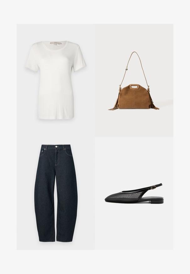 T-shirt blanc à manches courtes en coton doux et extensible. Dispose d'un col rond et d'une texture lisse et unie sans motifs visibles.; CLOSED JAZZIE - Jean boyfriend - dark blue; Chaussure plate noire à bride arrière, bout pointu, tige en mesh, bride à boucle réglable et petit talon empilé sur fond blanc.; Sac à main en daim marron avec poignée découpée en haut, longue bandoulière réglable et franges de chaque côté.