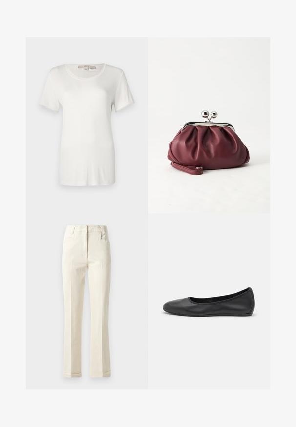 T-shirt blanc à manches courtes en coton doux et extensible. Dispose d'un col rond et d'une texture lisse et unie sans motifs visibles.; Pantalons beiges à jambe droite en tissu mélangé coton, avec une taille mi-haute, des poches avant et une texture subtile à la surface.; Ballerines en cuir noir avec un bout rond, texture lisse, détails de couture minimalistes et design de semelle flexible.; Petit sac pochette en cuir bordeaux avec fermoir métallique argenté et bracelet sur fond blanc.