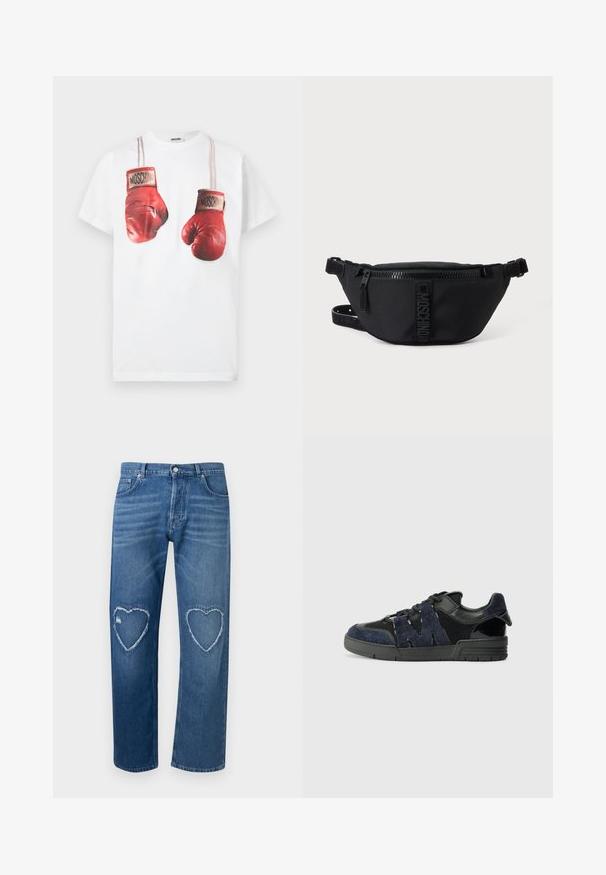 Weißes Baumwoll-T-Shirt mit einem grafischen Aufdruck roter Boxhandschuhe, akzentuiert mit beigen Riemen und dem Markennamen "Moschino" auf den Handschuhen.; Blaue Denim-Jeans mit hoher Taille, geraden Beinen und ausgefransten, herzförmigen Ausschnitten an beiden Knien.; Schwarze und marineblaue Sneakers aus Wildleder und Mesh-Materialien, mit einer dicken Sohle und einem markanten Ausschnitt in Form eines "M"-Details an der Seite.; Schwarze Moschino Bauchtasche mit Frontreißverschluss und verstellbarem Riemen auf einfachem hellem Hintergrund.