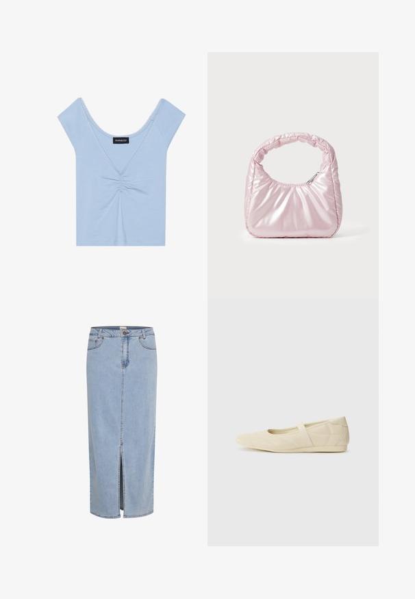 Top de manga corta azul claro, confeccionado en tejido suave, con un frente recogido, escote de pico y un borde festoneado a lo largo del escote.; Falda de mezclilla azul clara, hasta la rodilla, con una abertura frontal, presillas para cinturón y cierre de botón metálico con costura en contraste.; Bailarinas beige con un exterior de cuero liso, punta en forma de almendra y una correa elástica en el empeine, con detalles de costura sutiles.; Bolso de mano acolchado en color rosa con un diseño redondeado, fabricado en material brillante. Presenta un asa fruncida y un cierre de cremallera para un acceso seguro.