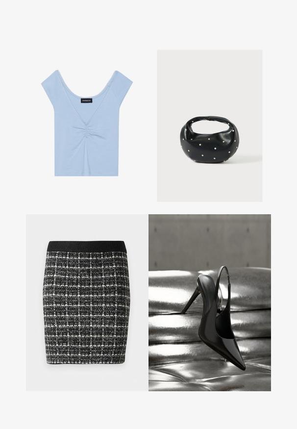 Haut à manches courtes bleu clair en tissu doux, avec un devant froncé, un décolleté arrondi et une bordure festonnée le long du décolleté.; Jupe à carreaux noir et blanc en tissu texturé, avec une taille noire et une silhouette cintrée.; Chaussure à talon haut à bride arrière noire brillante, équilibrée sur une surface métallique argentée brillante et rembourrée, à texture lisse.; Sac à main en cuir noir de forme arrondie, décoré de clous argentés et équipé d'une poignée courte. Texture lisse et fermeture éclair.
