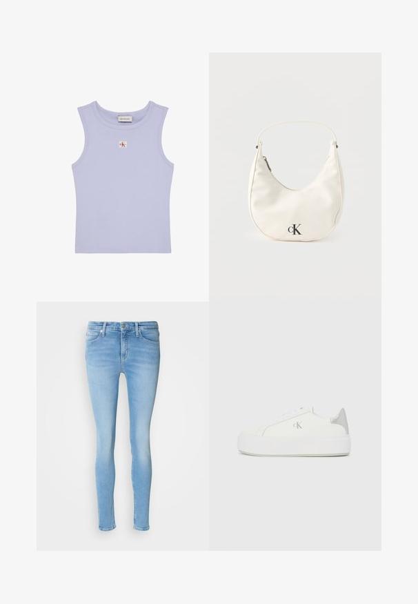 Top corto sin mangas acanalado en lila con escote redondo y pequeño parche con el logo de Calvin Klein en rojo y blanco en el pecho.; Jeans ajustados de color azul claro hechos de denim con una cintura de altura media, que cuentan con bolsillos frontales, trabillas para cinturón y una textura suave.; Zapatillas de lona blancas con una suela blanca gruesa, presentan un acento metálico plateado en el talón y un sutil detalle del logo en el lateral.; Pequeño bolso blanco en forma de media luna con correa corta, cierre de cremallera y logo negro "cK" en el frente.