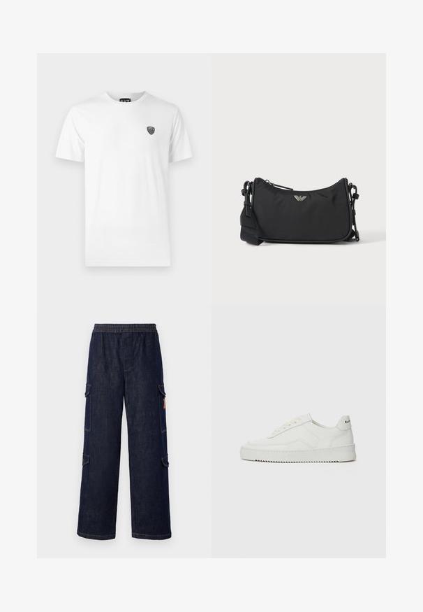 Weißes Baumwoll-T-Shirt mit kurzen Ärmeln, das ein kleines schwarzes Logo auf der linken Brustseite trägt. Klassisches Rundhals-Design.; Dunkelblaue Denim-Cargo-Hosen mit einem entspannten Schnitt, ausgestattet mit einem elastischen Bund, Seitentaschen und kontrastierenden Nähdetails.; Weiße Ledersneaker mit glatter Oberfläche, runder Zehenpartie, flachen Schnürsenkeln und strukturiertem Sohlenprofil. Mit einem dezenten Logo an der Ferse.; Schwarze rechteckige Crossbody-Tasche mit silbernem Markenlogo-Emblem und verstellbarem Riemen auf hellem Hintergrund.