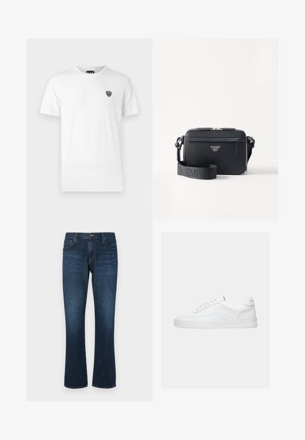 Hvid bomuld t-shirt med korte ærmer, der har et lille sort logo på venstre brystområde. Klassisk crew neck design.; Mørkeblå denimjeans med lige ben-design, fem lommer og metalknap-lukning. Glat tekstur med subtil falming.; Hvid lavt sneaker med snørelukning, glat læderoverdel og tyk sål, vist fra siden på en ensfarvet baggrund.; Sort crossbody taske lavet af tekstureret materiale. Har en lynlåslukning, en frontlomme med lynlås og en metallogo akcent. Inkluderer justerbar rem.