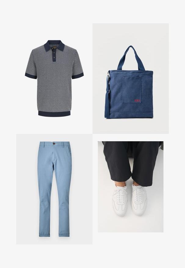 Polo homme à manches courtes en maille bleu marine et blanche avec motif ondulé, patte de boutonnage à trois boutons, col, manches et ourlet côtelés.; Pantalon bleu clair en tissu tissé, avec une fermeture à bouton et des poches standard, doté d'une coupe fuselée et de bas de pantalon revers.; Baskets blanches en cuir avec une texture lisse, bout rond et système de laçage classique, positionnées au-dessus de pantalons sombres et amples.; Sac fourre-tout en toile bleue avec poche frontale et broderie rouge "O.N.S", doté de doubles poignées et d'une bandoulière réglable.