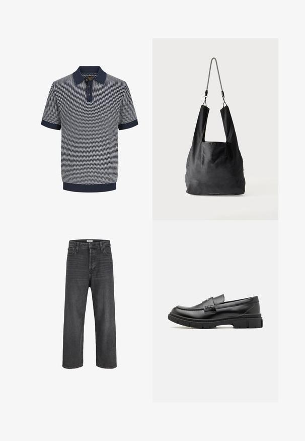 Herre kortærmet navyblå og hvid strikket polo med bølgemønster, tre-knaps åbning, ribstrikket krave, ærmer og kant.; Sorte højtaljede jeans med lige ben, knap- og lynlås-lukning, bæltestropper samt lommer foran og bagpå.; Sort læder loafersko med en bred rem over forfoden, gummisål med tykke mønstre og glat overflade. Klassisk, slankt design.; Sort blød stofnettaske med brede håndtag og en tynd sort-hvid flettet skulderrem.