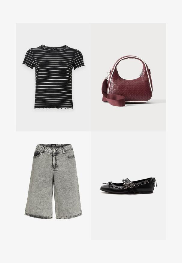 Schwarzes, geripptes Kurzarmoberteil mit weißen horizontalen Streifen. Die gewellten Bündchen und der Ausschnitt verleihen dem Design eine besondere Note. Geeignet für die Freizeit.; Jeansshorts in ausgebleichtem Schwarz mit lockerer Passform, hoher Taille, Fünf-Taschen-Design und sichtbaren Nähte.; Schwarzer flacher Ballettschuh mit doppelten Schnallenriemen, silbernen Ösen und einer kleinen Schleife nahe der abgerundeten Spitze auf weißem Hintergrund.; Dunkelrote gewebte Ledertasche mit gebogenem Griff, weißem Besatz, silbernem Reißverschluss und abnehmbarem breitem Stoff-Schulterriemen vor einfarbigem Hintergrund.