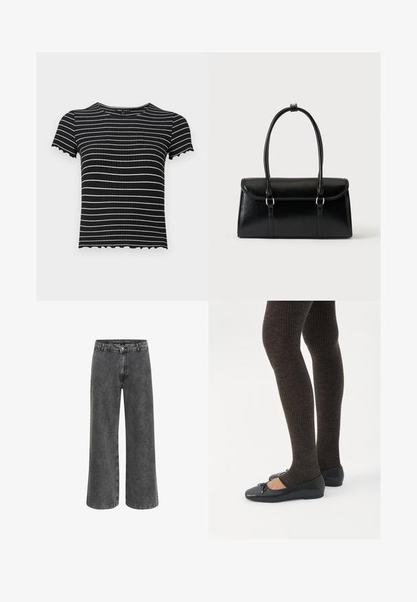 Sort ribbet kortærmet top med hvide horisontale striber. Scalloperede manchetter og udskæring, der fremhæver designet. Velegnet til afslappet brug.; Bredde bukser i falmet sort denim med en klassisk knaplukning, fem lomme-design og en let tekstureret finish.; Ben iført mørke ribbede leggings kombineret med sorte balletsko med små sløjfedetaljer på hvid baggrund.; Sort rektangulær læderhåndtaske med klaplukning og to lange håndtag mod en ensfarvet hvid baggrund.