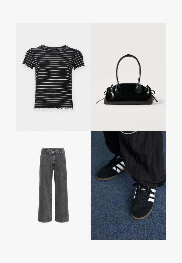 Sort ribbet kortærmet top med hvide horisontale striber. Scalloperede manchetter og udskæring, der fremhæver designet. Velegnet til afslappet brug.; Bredde bukser i falmet sort denim med en klassisk knaplukning, fem lomme-design og en let tekstureret finish.; Sorte suedetrainingssko med tre hvide striber og sorte snørebånd. Et tekstureret sort bukser er delvist synligt ved siden af skoene.; Lille sort blank håndtaske med to lange håndtag og snøre-detaljer i siden på en ensfarvet lys baggrund.