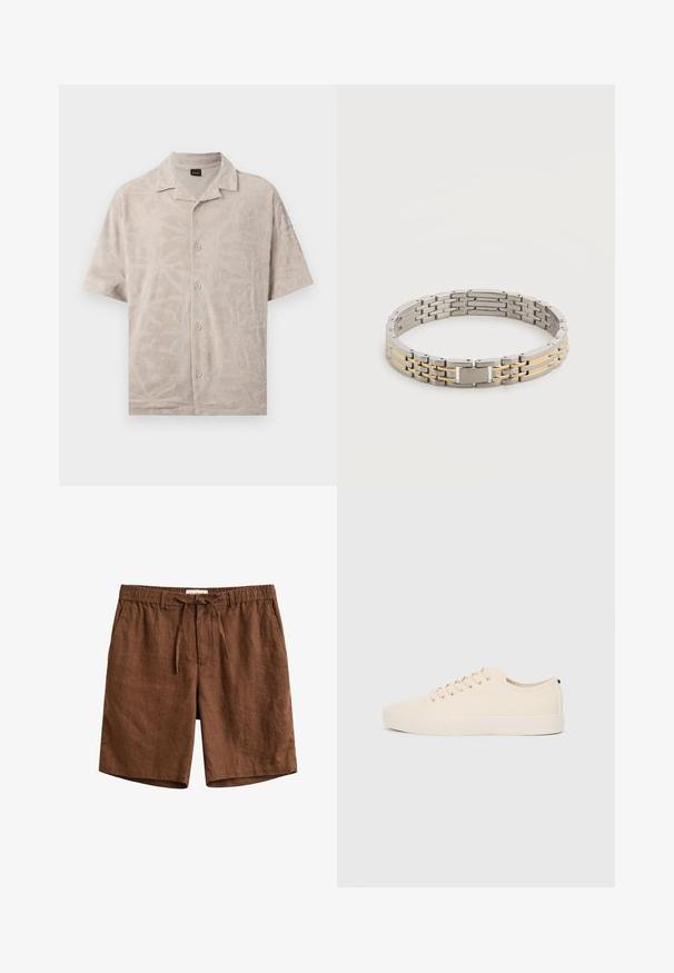 Chemise beige à manches courtes avec boutons, motif de feuilles texturées subtile, petit col, posée à plat sur un fond blanc.; Short en lin marron avec taille élastique, cordon de serrage, passants pour ceinture et poches latérales.; Baskets en toile beige avec bout arrondi, semelle en caoutchouc plate et lacets à l'avant. Présente un design minimaliste et un accent noir contrastant au niveau du talon.; Bracelet en métal argenté et doré avec un fermoir rectangulaire gravé du nom d'une marque sur fond blanc.