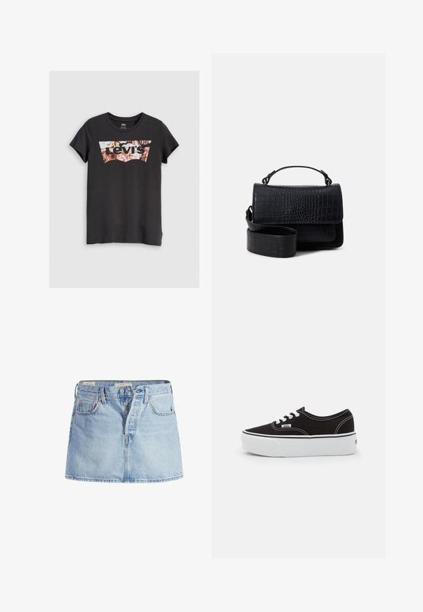 T-shirt noir à manches courtes avec un logo Levi's présentant un motif floral dans des teintes de rose et de marron à l'intérieur du design emblématique.; Jupe en denim bleu clair avec une taille ajustée, design à cinq poches, fermeture à boutons à l'avant et légères décolorations sur l'ensemble du tissu.; Baskets en toile noires avec une semelle en caoutchouc blanc, dotées de lacets et de coutures blanches, marquage emblématique sur le côté, design basse.; Sac en bandoulière noir en cuir texturé crocodile avec une sangle amovible et une poignée supérieure, doté d'une fermeture à rabat et d'une finition lisse.