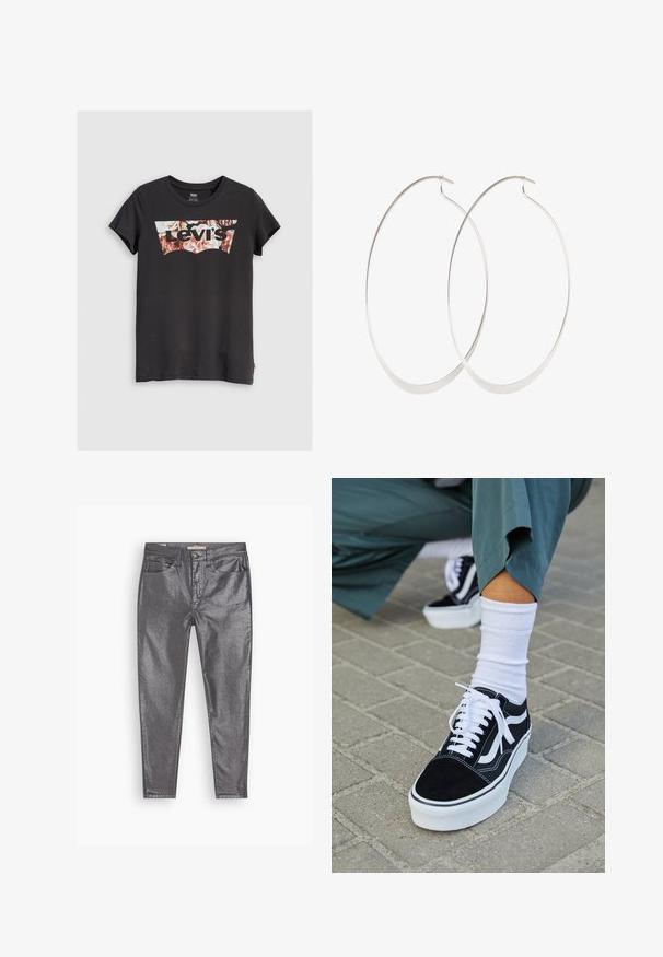 Čierne tričko s krátkym rukávom značky Levi's, na ktorom sa nachádza logo s kvetinovým vzorom v odtieňoch ružovej a hnedej vo vnútri ikonického dizajnu.; Metalické šedé džínsy so slim fit strihom, dizajnom s piatimi vreckami a jemným leskom. Vyrobené z materiálu podobného denimu, s gombíkom a zipsom na zapínanie.; Čierne semišové tenisky s bielymi akcentmi a šnúrkami, s hrubou bielou podrážkou a kontrastným prešívaním, doplnené o bielu ponožku.; Strieborné kruhové náušnice s tenkým, hladkým dizajnom; predĺžený oválny tvar; lesklý povrch; majú bezpečné uzatváranie na háčik.