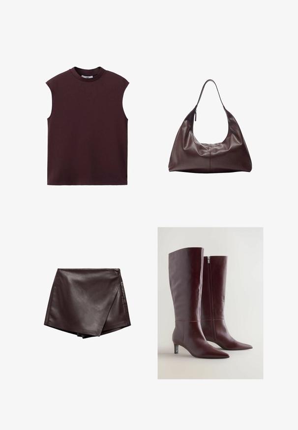 Haut sans manches marron foncé à col rond avec une coupe décontractée et un design épuré et simple, présenté sur un fond blanc.; Jupe enveloppante en simili cuir marron avec une texture lisse et une coupe diagonale, présentant des bords nets et une fermeture éclair sur le côté.; Bottes en cuir bordeaux montantes avec un bout effilé, des coutures décoratives et une fermeture éclair sur le côté. Elles présentent un talon bas et fin.; Sac à bandoulière en cuir brun foncé avec une seule sangle et une fermeture éclair sur un côté, structure souple et décontractée, texture lisse.