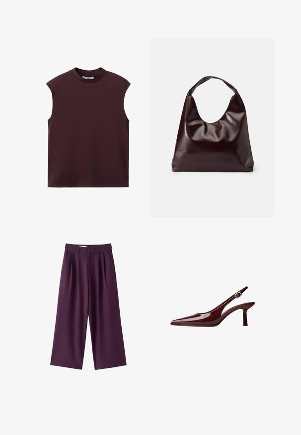Haut sans manches marron foncé à col rond avec une coupe décontractée et un design épuré et simple, présenté sur un fond blanc.; Pantalon large violet foncé avec passants de ceinture, plis avant et poches latérales, présenté sur fond blanc.; Pompe slingback en cuir verni bordeaux avec un bout pointu, un talon kitten de hauteur moyenne et une sangle à boucle en argent sur fond blanc.; Sac en cuir vegan bordeaux, brillant, avec une forme douce et sculpturale et une large poignée incurvée pour un transport facile.