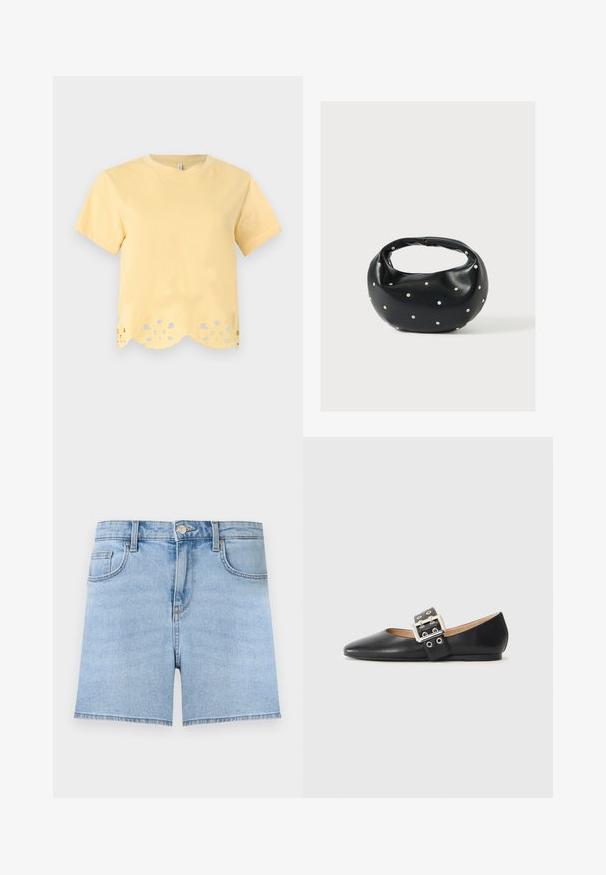 T-shirt jaune à manches courtes avec col rond et détail festonné floral découpé à l'ourlet sur fond uni.; Short en jean bleu clair avec bouton à l'avant, fermeture éclair, passants de ceinture et design cinq poches sur un fond uni.; Chaussure plate en cuir noir avec un bout pointu et une bride décorative à boucle équipée de ferrures argentées et de petites découpes.; Sac à main en cuir noir de forme arrondie, décoré de clous argentés et équipé d'une poignée courte. Texture lisse et fermeture éclair.