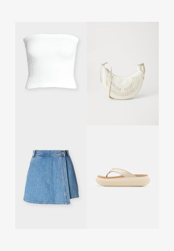 Top de tubo blanco sin tirantes, de punto, con patrones florales y texturizados, silueta ajustada.; Falda cruzada de mezclilla azul claro con trabillas, cierre frontal con botones y un dobladillo ligeramente asimétrico.; Chancla beige con una amplia correa en los dedos y una suela gruesa y redondeada. Presenta un material superior suave y una plantilla en color marrón que contrasta.; Bolso bandolera de cuero vegano blanco con diseño circular perforado, correa ajustable y logotipo grabado en la parte delantera. Cierre de cremallera en la parte superior.