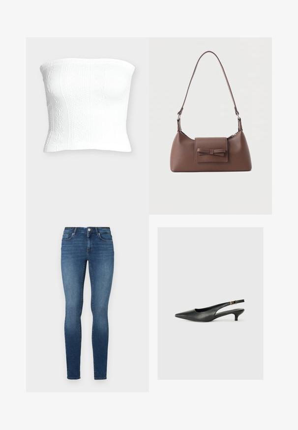 Weißes trägerloses, gestricktes Tube-Top mit floralen und strukturierten Mustern, figurbetonte Silhouette.; Eng geschnittene Jeans aus dunkelblauem Denim, mit fünf Taschen, einem Frontknopf und einem Reißverschluss. Der Stoff hat eine glatte Textur mit leichten Ausbleichungen.; Schwarzer Slingback-Schuh mit spitzem Zehenbereich aus glattem Leder. Mit einem dünnen Absatz und einer dekorativen Schnalle am verstellbaren Riemen.; Braune Leder-Umhängetasche mit einer vorderen Klappentasche, die ein gestepptes Schleifendetail und einen verstellbaren Riemen aufweist.