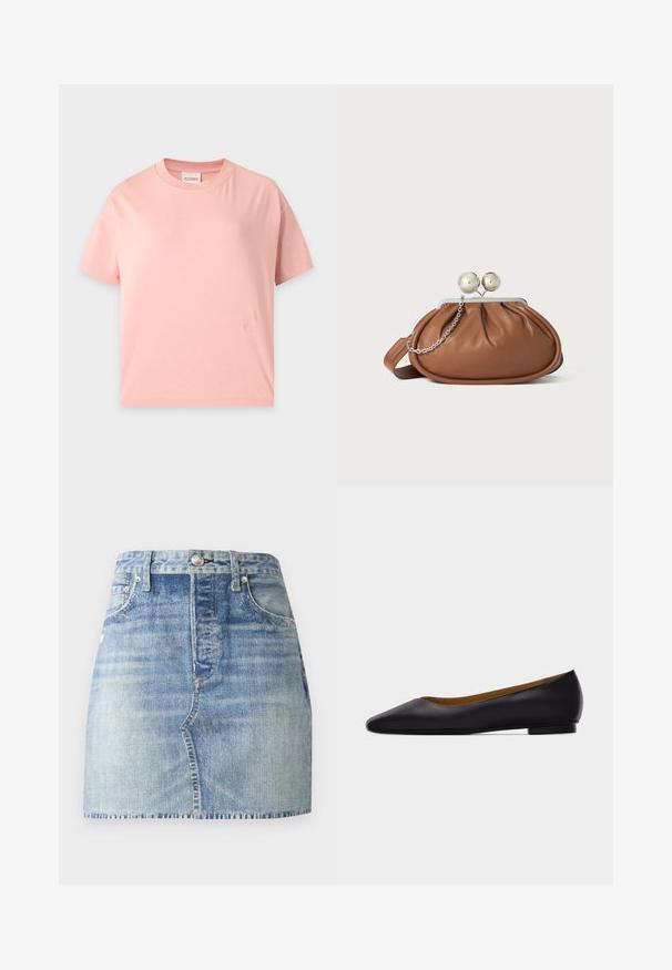 Lyserød T-shirt med korte ærmer, rund hals, lige pasform og et lille tone-i-tone broderet logo nær nederste kant.; Denimnederdel i lyseblå vask, med høj talje og tætsiddende design, frynset kant og klassisk fem-lomme-stil. Søjlehardware i sølv.; Sort læder flad sko med spids tå, lav hæl og glat finish, vist fra siden på en lysegrå baggrund.; Brun læder clutch-pung med sølv kugleklap og en lille sølv kædedetalje på en hvid baggrund.