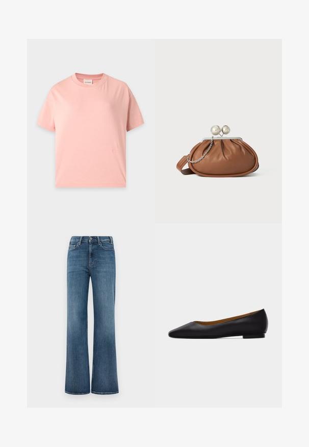T-shirt à manches courtes rose clair avec un col rond, une coupe droite et un petit logo brodé ton sur ton près de l’ourlet inférieur.; Jean en denim bleu avec une coupe large, fermeture à bouton et à zipper, et poches avant et arrière, présentés sur un fond blanc uni.; Chaussure plate en cuir noir à bout pointu avec talon bas et finition lisse, vue de côté sur un fond gris clair.; Pochette en cuir marron avec un fermoir à boule en argent et un petit détail en chaîne argentée sur fond blanc.