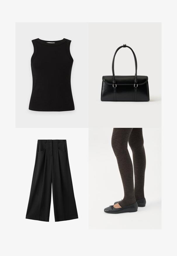 Débardeur noir côtelé sans manches avec un col rond et une silhouette ajustée.; Pantalon noir à jambes larges avec poches avant, passants pour ceinture, et une fermeture avant dissimulée, présenté sur un fond blanc.; Jambes portant des leggings côtelés foncés associés à des ballerines noires avec de petits détails en nœud sur fond blanc.; Sac à main rectangulaire en cuir noir avec fermeture à rabat et deux longues anses sur fond blanc uni.