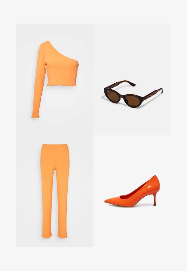 Monki Camiseta de manga larga - orange; Monki Pantalones - orange; Woden WODEN - Tacones - tiger; Gafas de sol de carey marrón con una forma vintage de ojo de gato y lentes marrones. Presentan brazos curvados con acentos rojos.