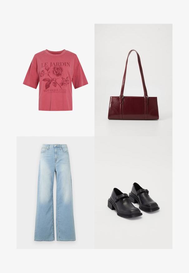Roze T-shirt met korte mouwen en ronde hals, met een roos, twee vlinders en de tekst "LE JARDIN BOTANIQUE" met een kleinere zin eronder.; Lichtblauwe wijde jeans met hoge taille, voorste knoopsluiting en zakken, weergegeven tegen een witte achtergrond.; Zwarte leren schoenen met een ronde neus, platte zool en een band met een gespdetail. Stevige blokhak voor extra stabiliteit.; Bourgondische handtas van glanzend materiaal, rechthoekige vorm, met twee schouderbanden en subtiele gebogen accenten aan de voorkant.