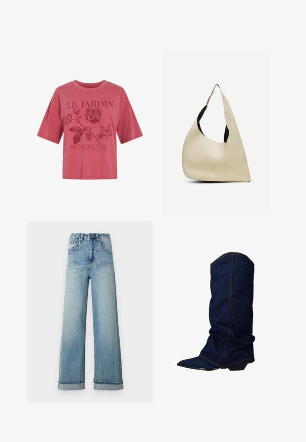 Roze T-shirt met korte mouwen en ronde hals, met een roos, twee vlinders en de tekst "LE JARDIN BOTANIQUE" met een kleinere zin eronder.; Lichtblauwe wijde spijkerbroek met een hoge taille, voorzien van vijf zakken, een ritssluiting en opgerolde pijpen. De stof heeft een licht verweerde textuur.; sacha Laarzen - blue; Roomkleurige leren schoudertas met een glad oppervlak, een gebogen driehoekige vorm en een verstelbare band met zilveren gesp.