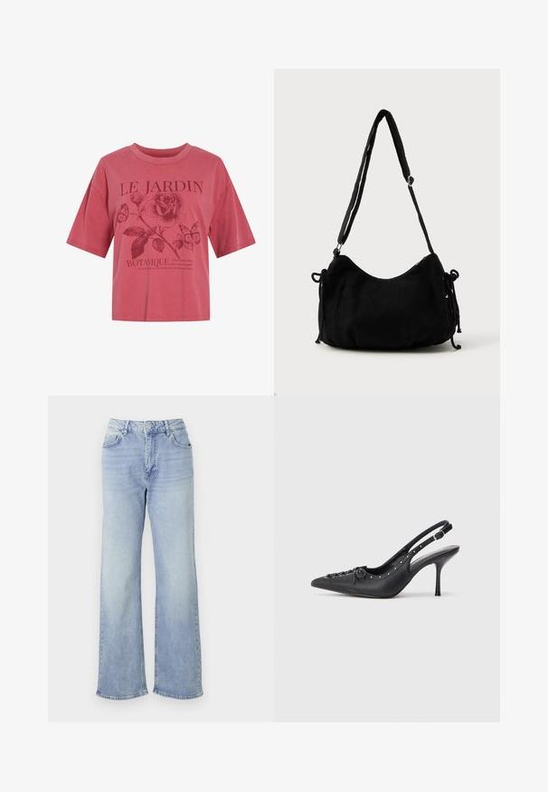 Roze T-shirt met korte mouwen en ronde hals, met een roos, twee vlinders en de tekst "LE JARDIN BOTANIQUE" met een kleinere zin eronder.; Lichtblauwe wijde jeans van denim, met een hoge taille, vijf zakken en een zoom met subtiele slijtage.; Zwarte leren slingback stiletto met spitse neus, zijgesp met gesp, studs langs de rand en decoratieve veters aan de voorkant.; Zwarte corduroy schoudertas met een gebogen vorm, een verstelbare schouderband en trekkoordsluitingen aan beide zijkanten voor maataanpassing.