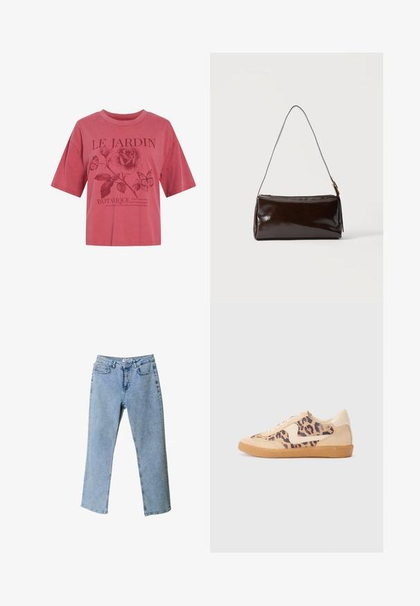 Pink kortærmet skjorte med rund hals, med en rose, to sommerfugle og teksten "LE JARDIN BOTANIQUE" samt en mindre sætning nedenunder.; Lyseblå denim jeans med lige ben design, fem-lomme stil og en taljebranding. Har lysnede områder for tekstur.; Leopardprint sneakers med beige ruskindsoverdel, tan gummisål og hvide detaljer. Rund pegefinger og snørebåndsdesign med en tekstureret finish.; Mørkebrun rektangulær læder skuldertaske med en enkelt tynd rem og spænde i guldton på en ensfarvet baggrund.